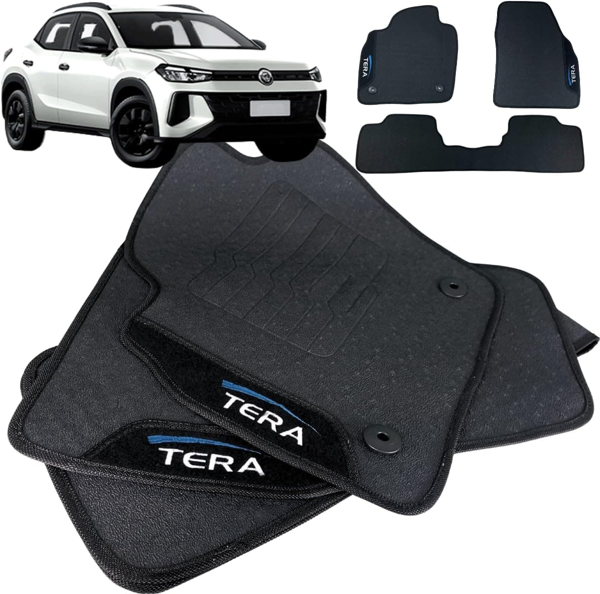 Jogo de Tapete Borracha Automotivo pra Carro Compatível com Tera 2025 2026 Com Logo Bordado Impermeável Personalizado 3 Peças Traseira Inteiriça W8 Acessorios