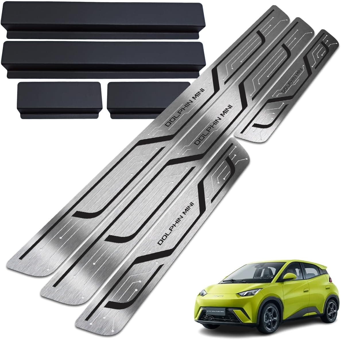 Soleiras em aço Inox BYD Dolphin Mini com Vinil Adesivo Protetor (Preto Inox Escovado)