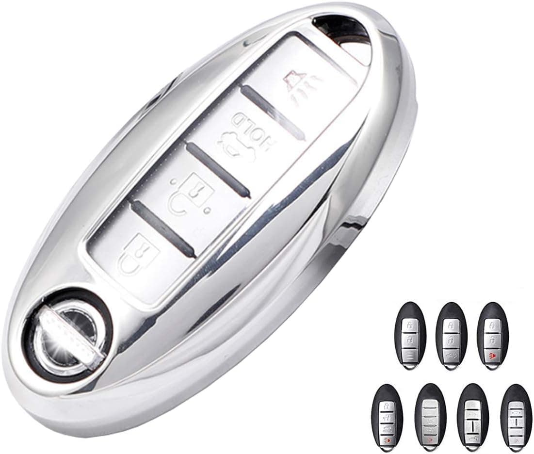 Capa protetora de TPU para Nissan Key Fob 2020 2019 2018 Nissan Altima Sentra Kicks Rogue Murano Maxima Versa Leaf Titan Infiniti 3 4 5 Botões Smart Key (prata)
