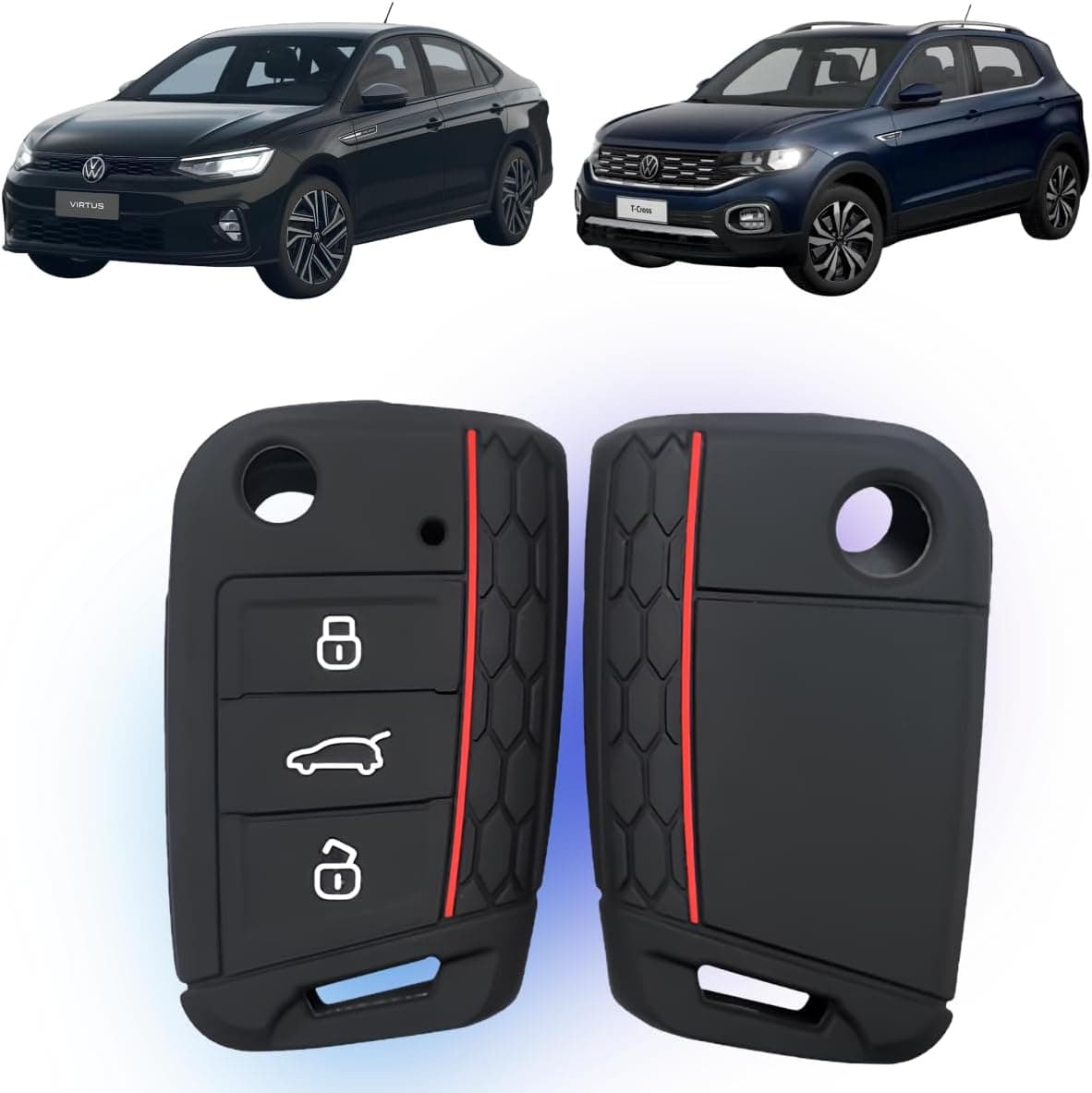 Capa de Silicone para Chave Presencial 3 Botões Polo Virtus T-Cross Nivus Taos Golf Jetta Tiguan Passat (Preto com Vermelho)