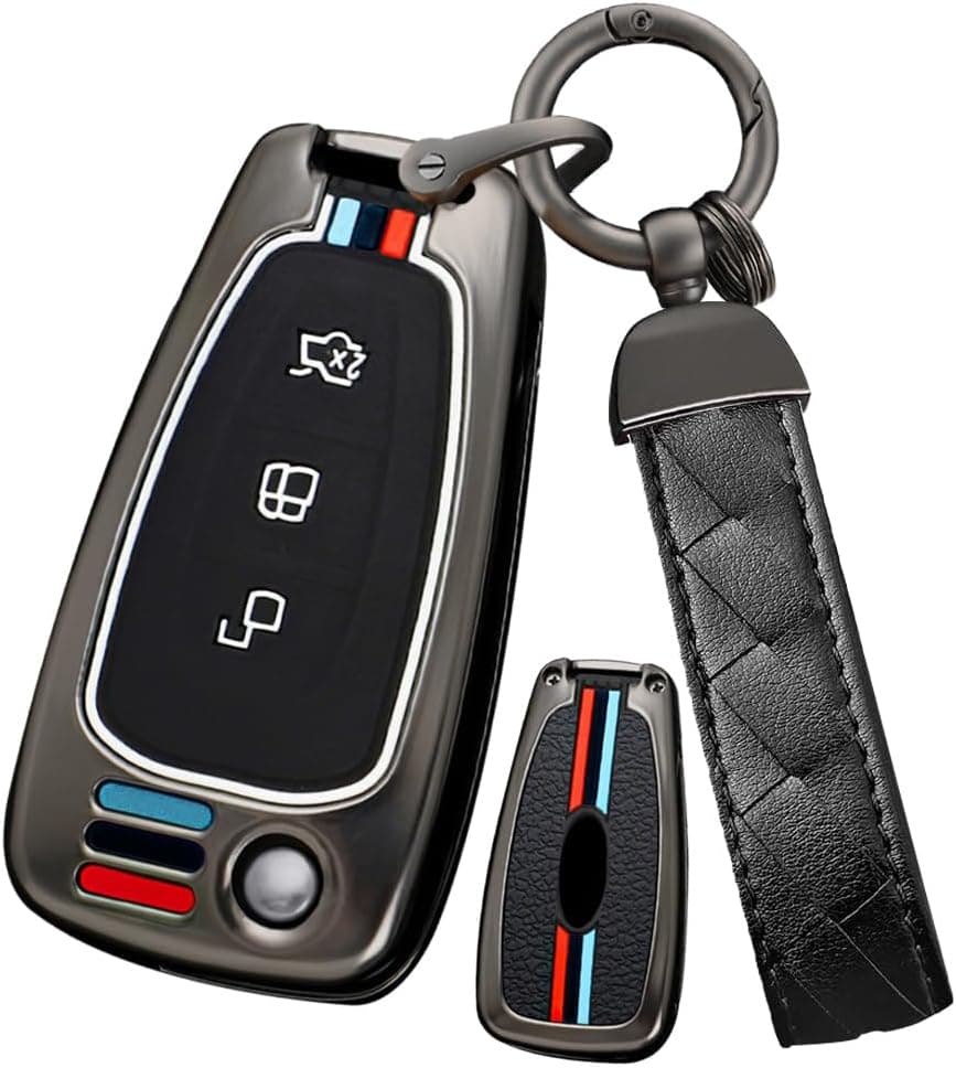 Capa Protetora De Metal Com 3 Botões Para Chave Remota Ford, Compatível Com Ford Ranger, C-Max, S-Max, Focus, Galaxy, Mondeo E Transit - Corrente Longa Preta.