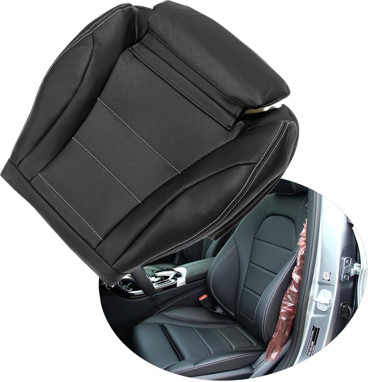 Capa de assento de couro preto de microfibra do lado do motorista perfurada compatível com Mercedes Benz C C250 C300 C350 C350e C400 GLC300e 4 portas 2015…